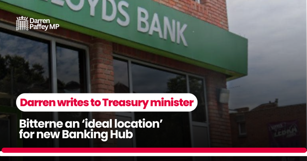 Image of a bank. The text is overlaid and says: Darren writes to Treasury minister. Bitterne an 'ideal location' for new banking hub