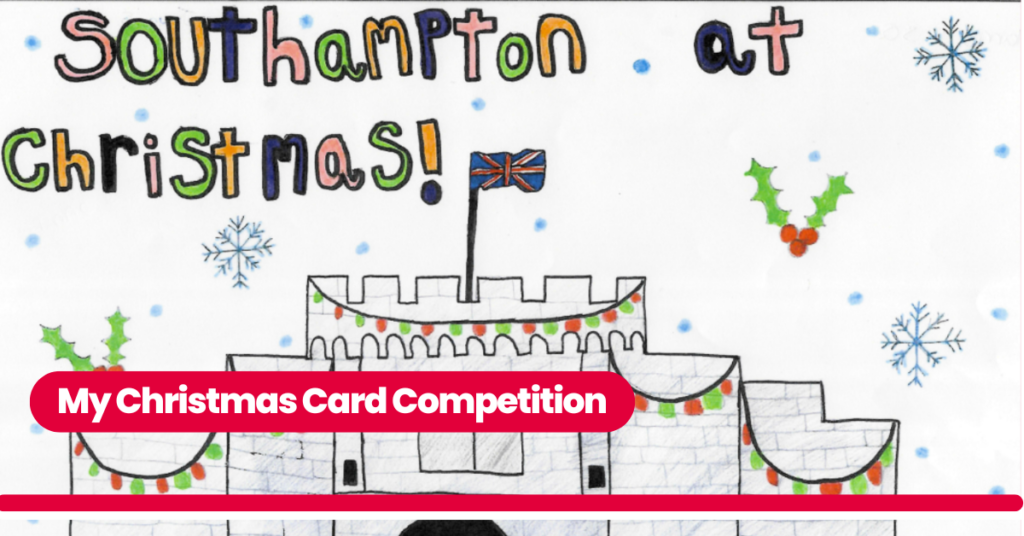The winning design from my Christmas card competition, depicting the Bargate at Christmas