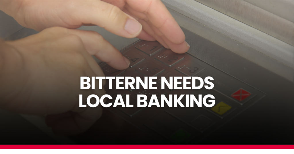 Image of a hand over an cashpoint keyboard. The overlaid text reads: Bitterne needs local banking.