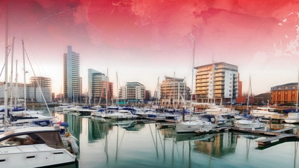 Southampton skyline with a red patterned backdrop