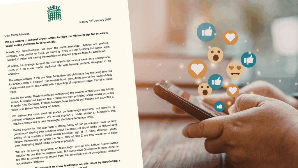 A picture of a letter and someone using a smartphone to access social media