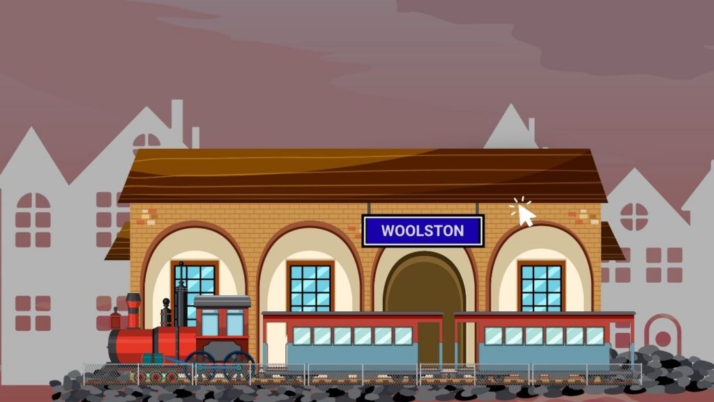 An illustration of a railway station with a steam locomotive at the front.