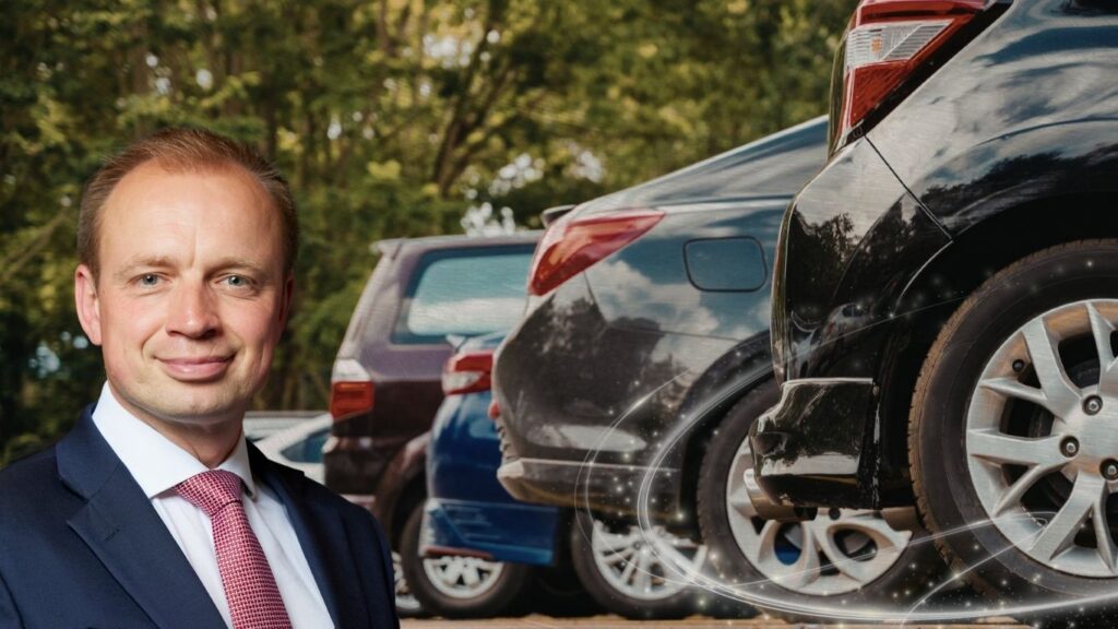 Parked cars with a picture of Darren Paffey MP